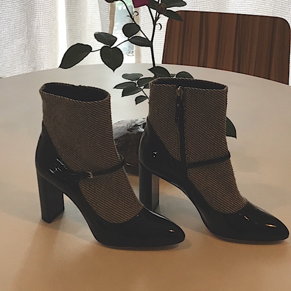 Black and white patent leather bootie